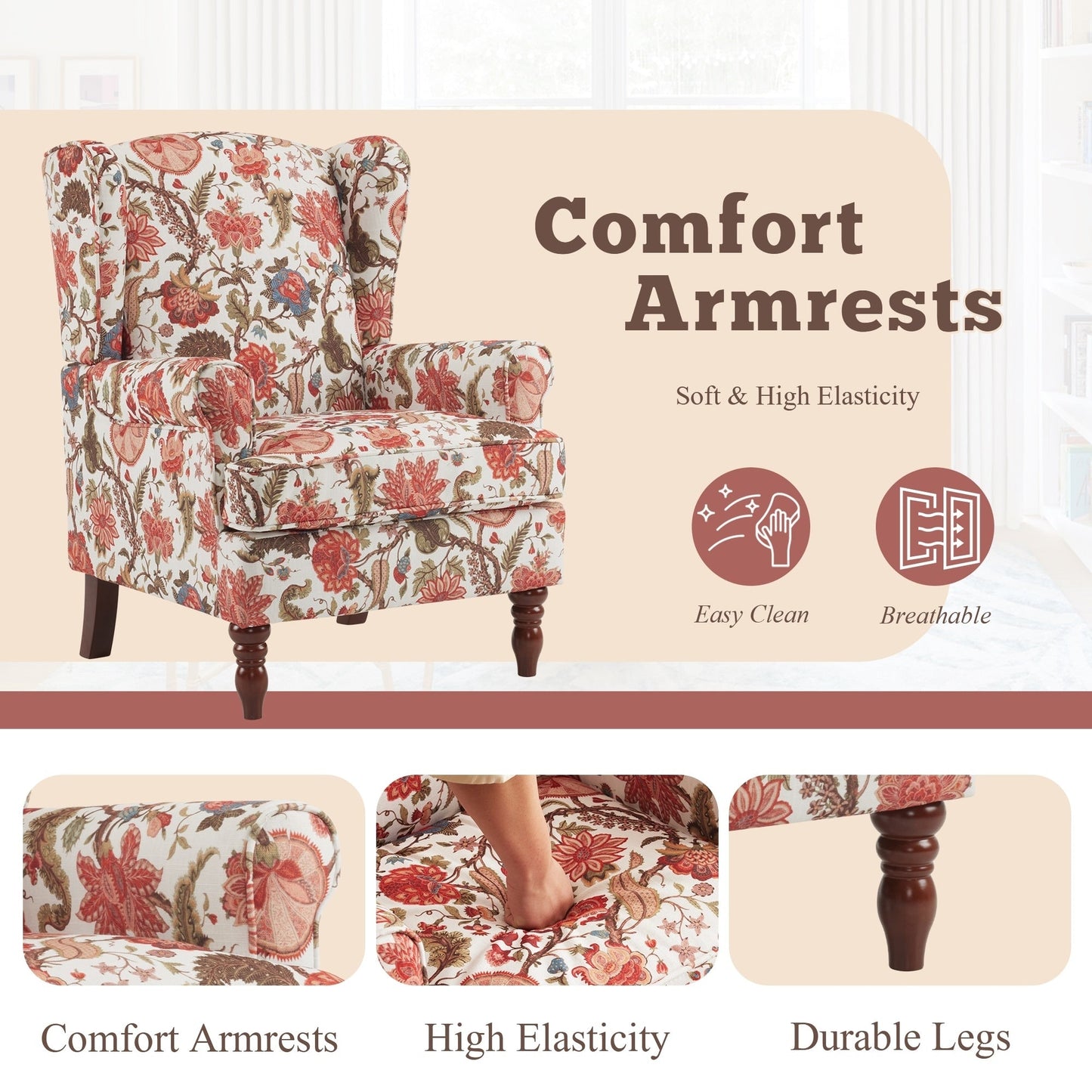 Fauteuil d'appoint moderne Erommy, fauteuil à dossier haut, canapé simple en tissu rembourré avec pieds en bois pour le salon