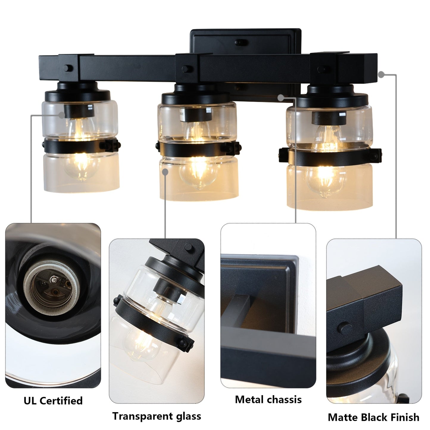 Appliques murales ExBrite Farmhouse à 3 lumières, intensité variable, en fer noir pour salle de bain