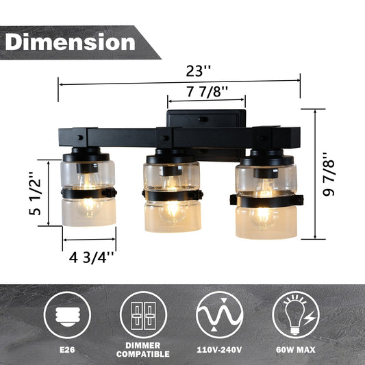 Appliques murales ExBrite Farmhouse à 3 lumières, intensité variable, en fer noir pour salle de bain