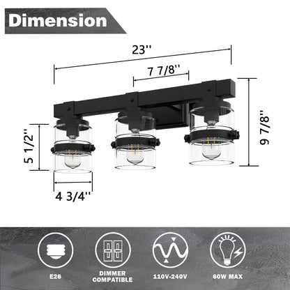 Appliques murales ExBrite Farmhouse à 3 lumières, intensité variable, en fer noir pour salle de bain