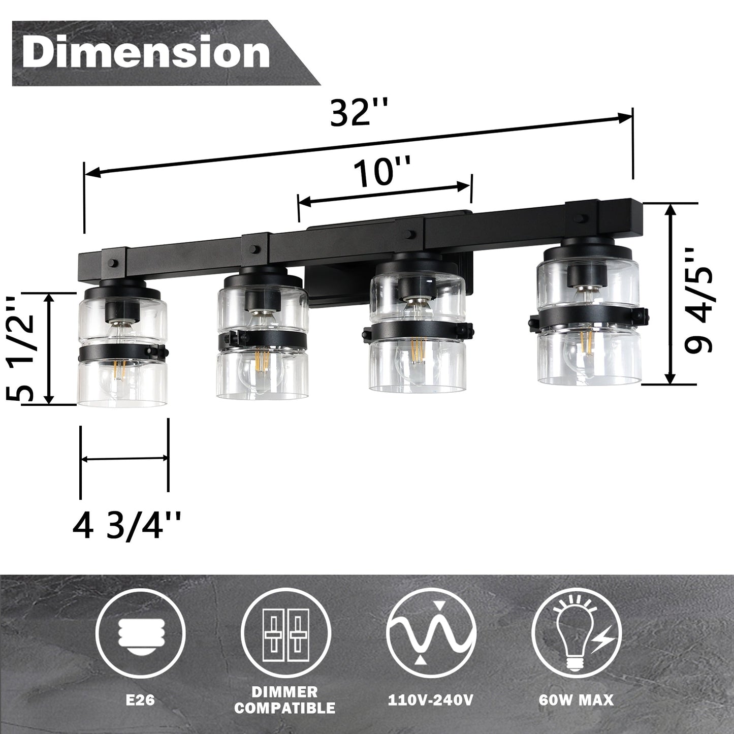 Appliques murales ExBrite Farmhouse à 3 lumières, intensité variable, en fer noir pour salle de bain