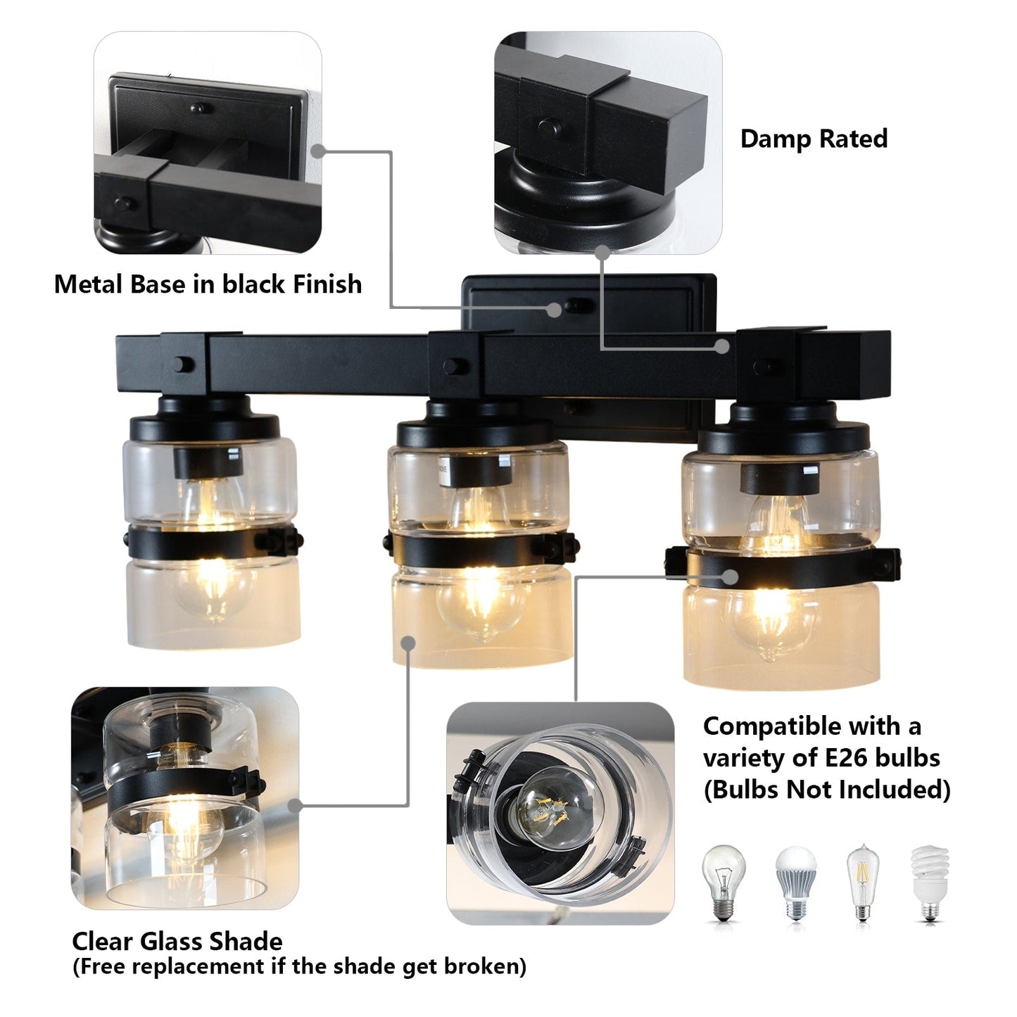 Appliques murales ExBrite Farmhouse à 3 lumières, intensité variable, en fer noir pour salle de bain