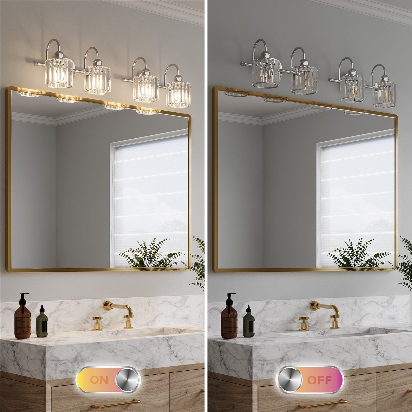 Appliques murales ExBrite modernes en or rose, à 1/2/3/4/5 lumières, avec variateur en cristal, pour salle de bain