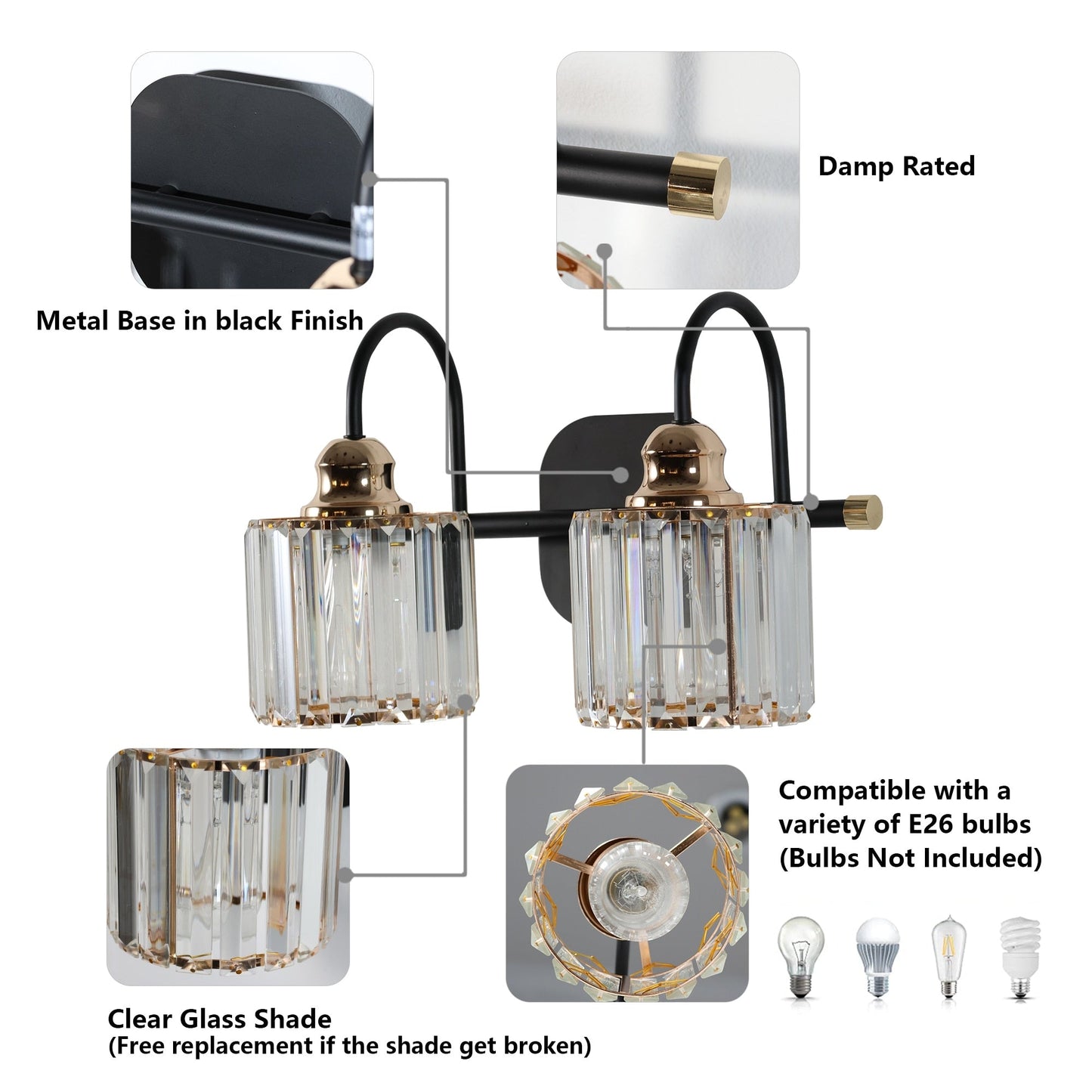 Appliques murales ExBrite modernes en or rose, à 1/2/3/4/5 lumières, avec variateur en cristal, pour salle de bain