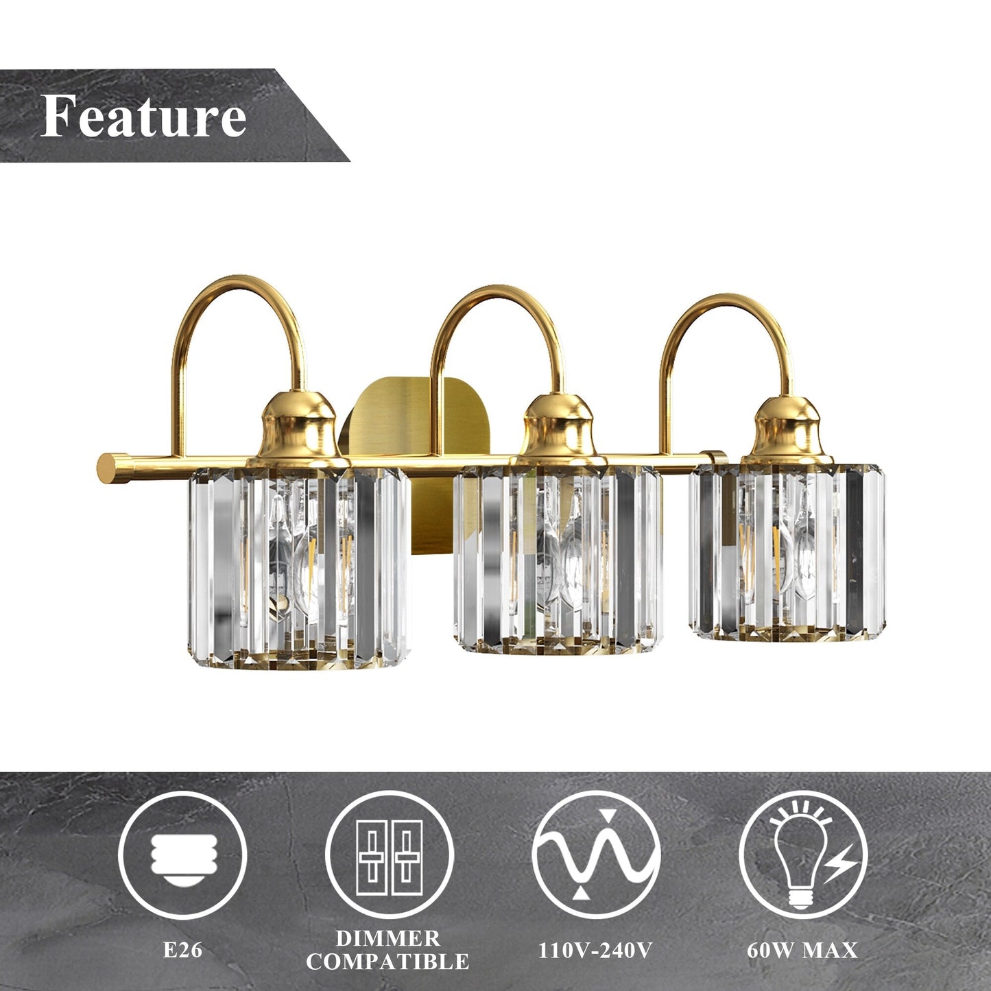 Appliques murales ExBrite modernes en or rose, à 1/2/3/4/5 lumières, avec variateur en cristal, pour salle de bain