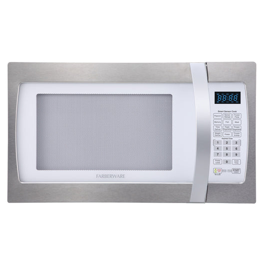 Four à micro-ondes Farberware Professional de 1,3 pi³ et 1 100 W avec cuisson par capteur intelligent, blanc et platine