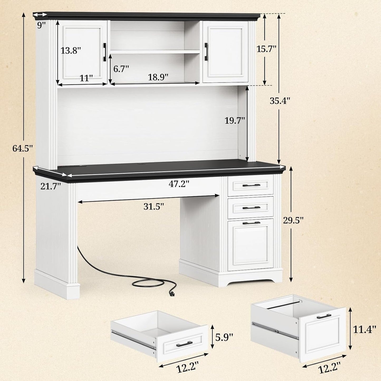 Bureau de direction de ferme Bureau à domicile Tiroir de classement Support d'écran Prise de courant