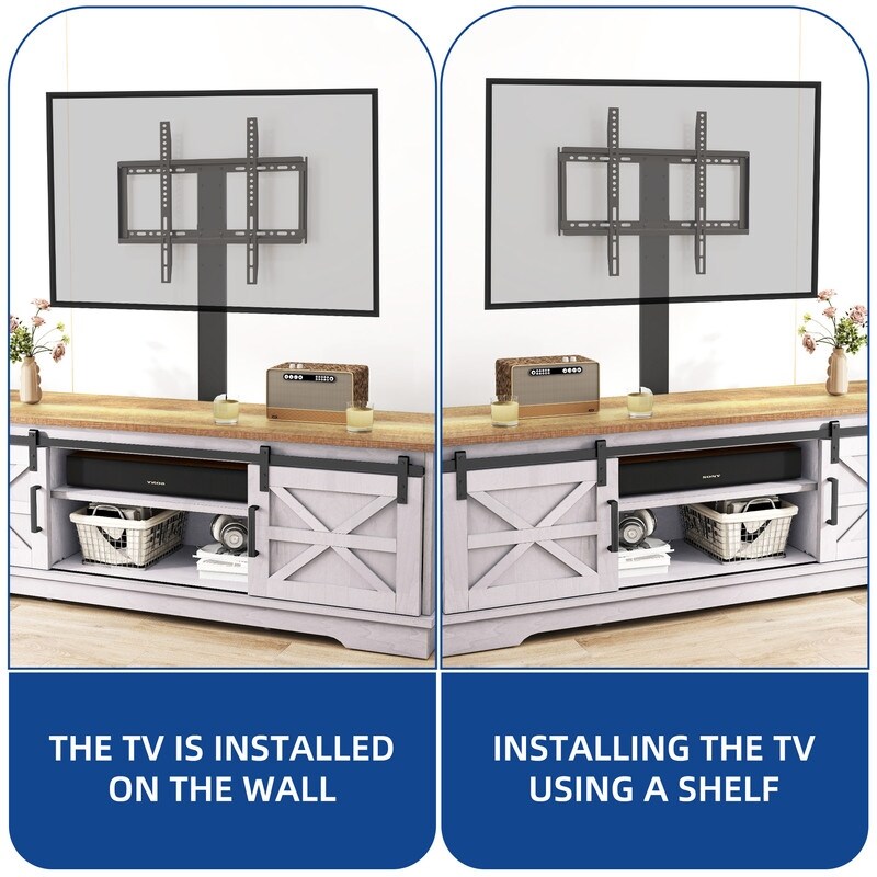 Meuble TV Farmhouse pouvant accueillir jusqu'à 65 téléviseurs avec portes et étagères ouvertes Console multimédia Prise de courant