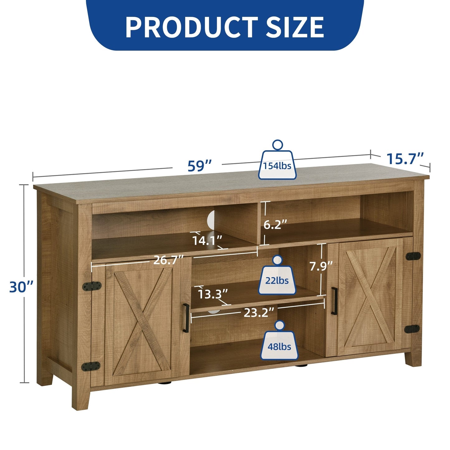 Meuble TV Farmhouse pouvant accueillir jusqu'à 65 téléviseurs avec portes et étagères ouvertes Console multimédia Prise de courant