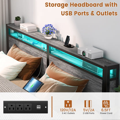 Cadre de lit plateforme en bois de style ferme avec station de charge et lumières LED