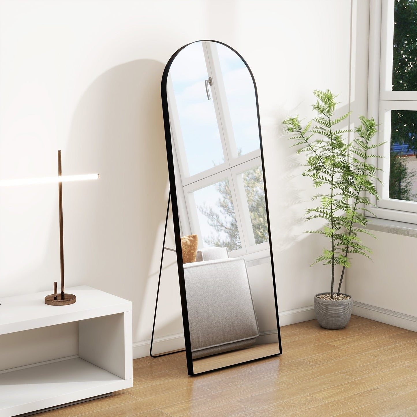 Miroir sur pied arqué pleine longueur avec verre incassable et support en alliage d'aluminium pour chambre ou dressing, à poser au sol