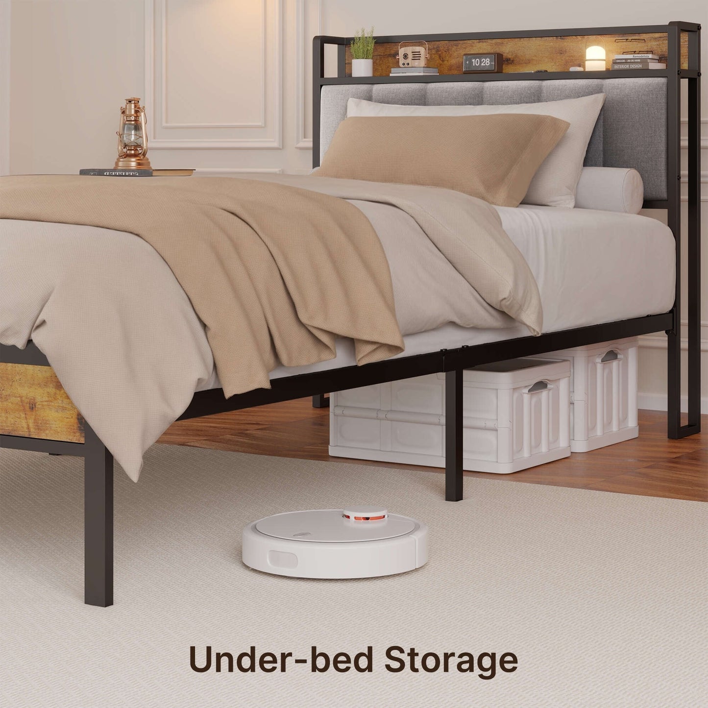 Cadre de lit plateforme en métal pour lit simple, double, queen ou king size avec tête de lit rembourrée et rangement