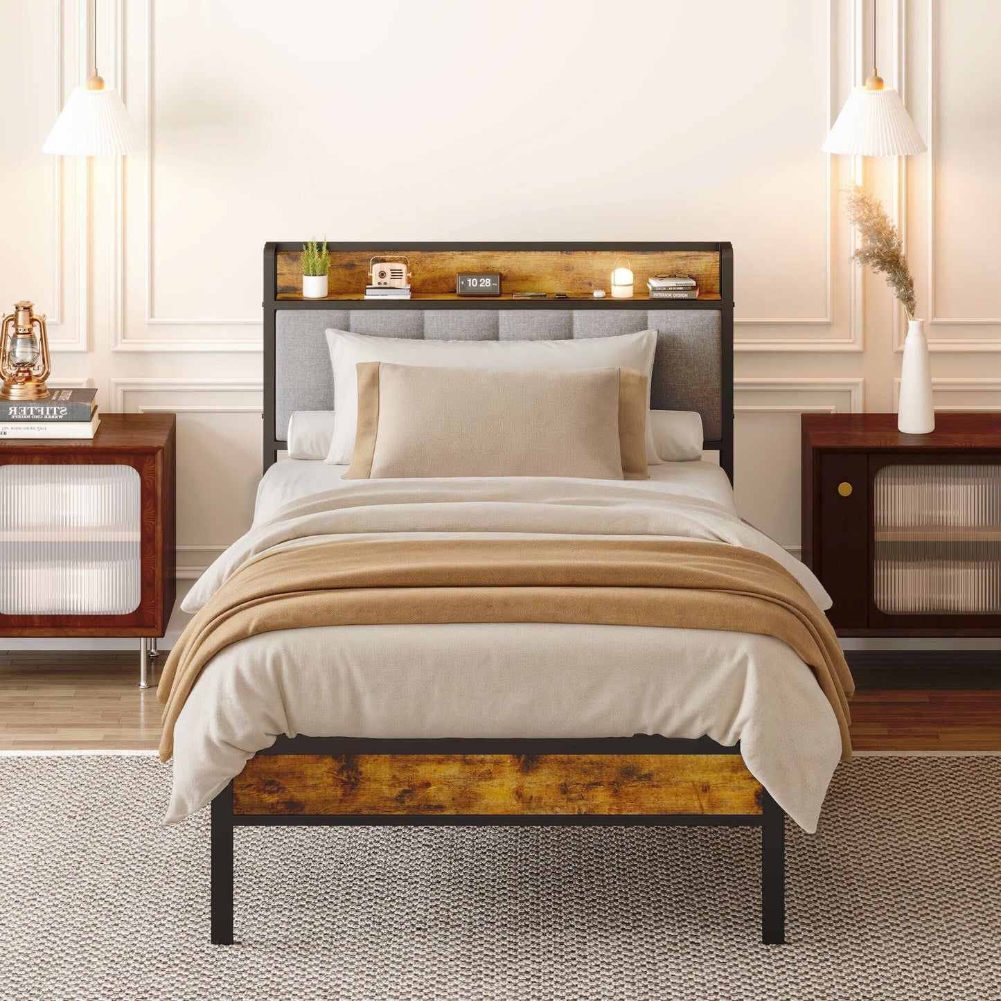 Cadre de lit plateforme en métal pour lit simple, double, queen ou king size avec tête de lit rembourrée et rangement