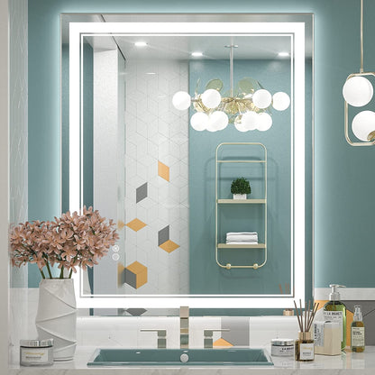 Miroir de salle de bain mural en verre trempé antibuée avec éclairage LED avant et arrière, pleine grandeur