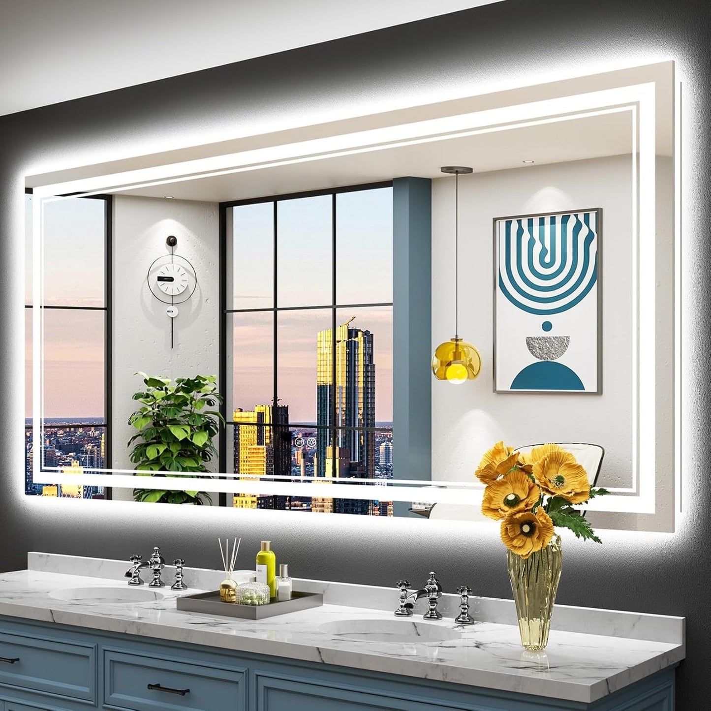 Miroir de salle de bain mural en verre trempé antibuée avec éclairage LED avant et arrière, pleine grandeur