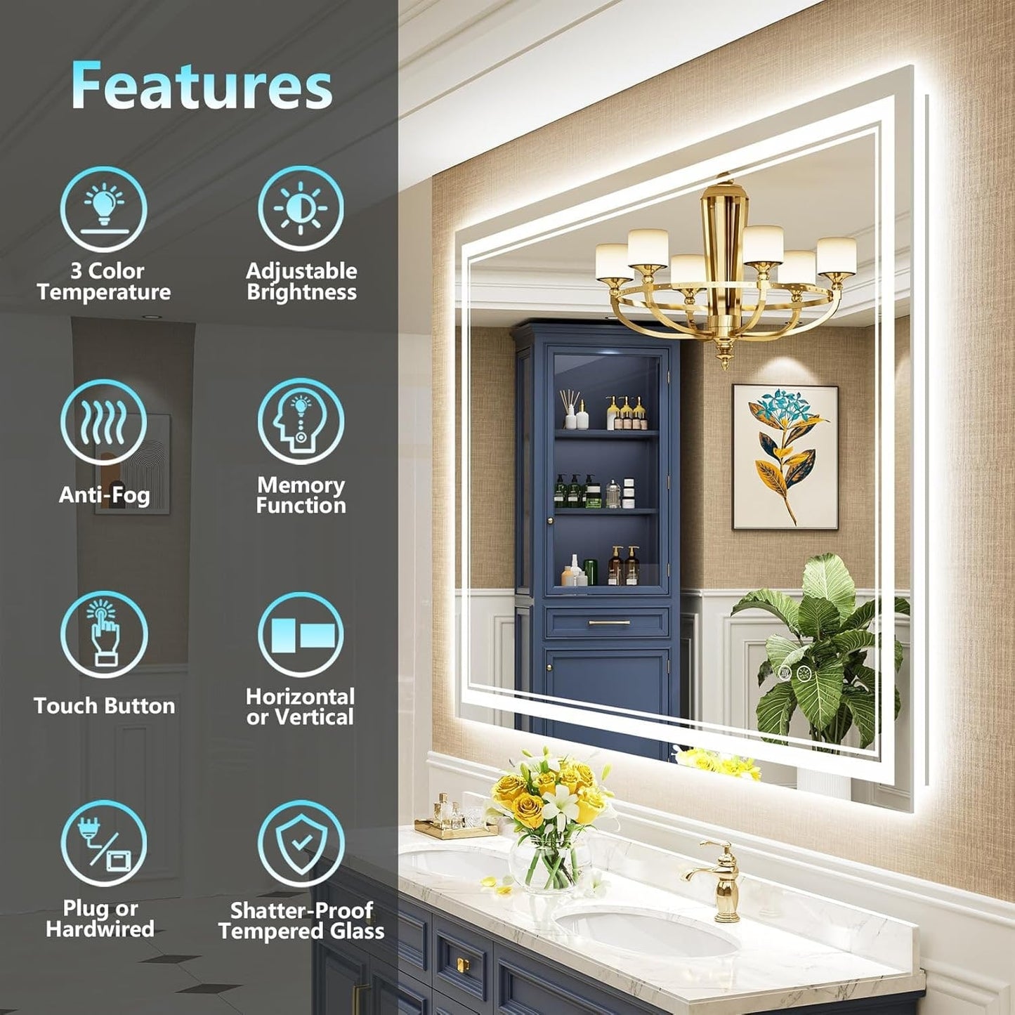 Miroir de salle de bain mural en verre trempé antibuée avec éclairage LED avant et arrière, pleine grandeur