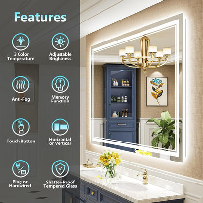 Miroir de salle de bain mural en verre trempé antibuée avec éclairage LED avant et arrière, pleine grandeur