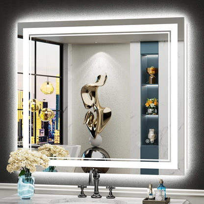 Miroir de salle de bain mural en verre trempé antibuée avec éclairage LED avant et arrière, pleine grandeur