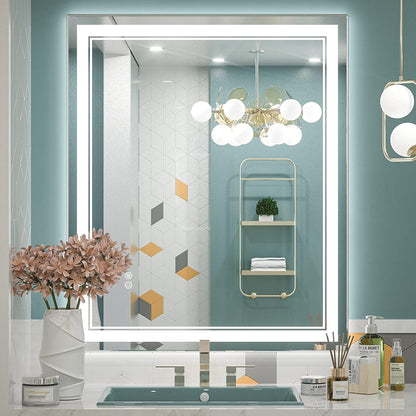 Miroir de salle de bain mural en verre trempé antibuée avec éclairage LED avant et arrière, pleine grandeur