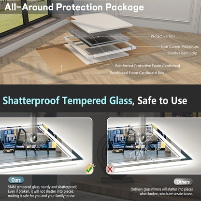 Miroir de salle de bain mural en verre trempé antibuée avec éclairage LED avant et arrière, pleine grandeur