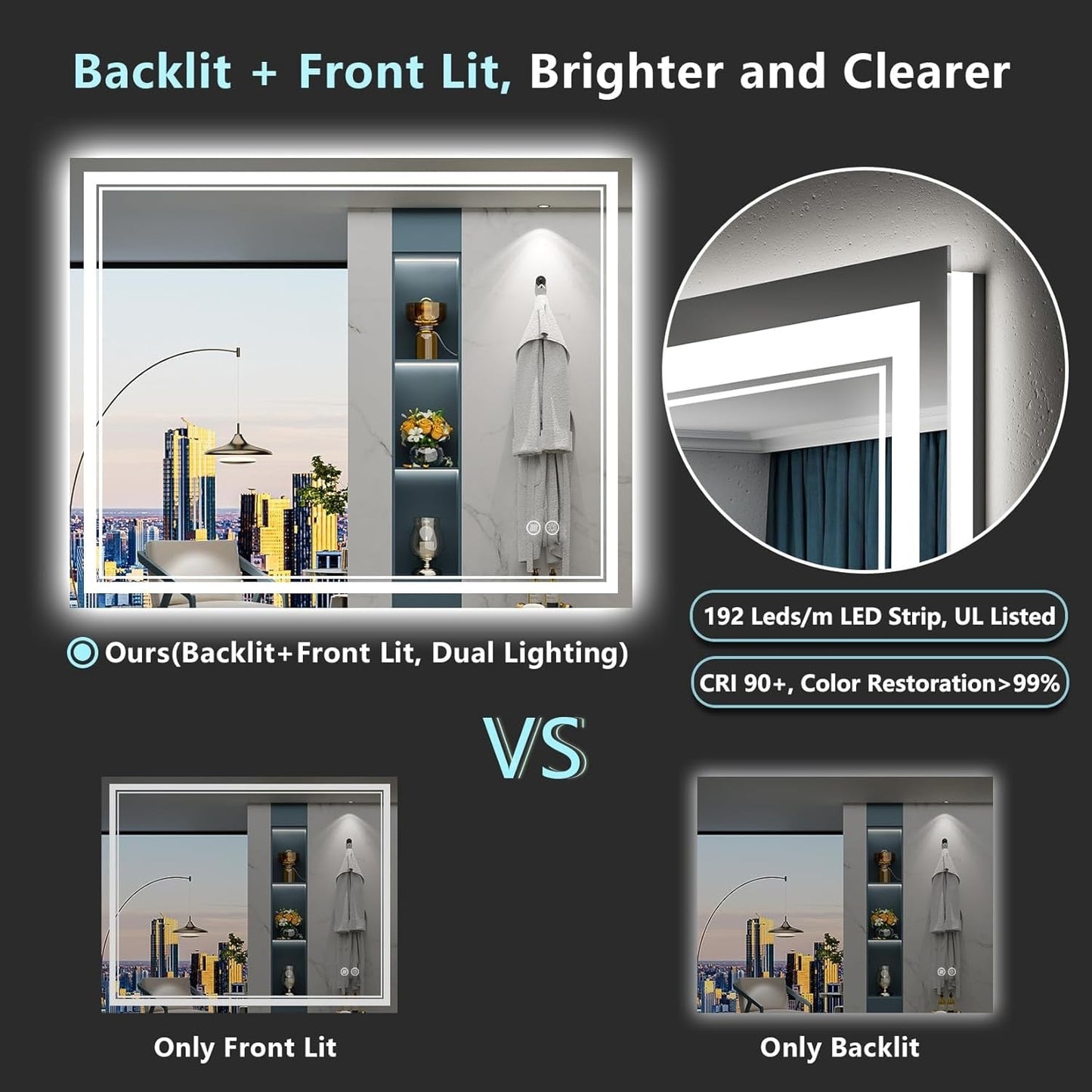 Miroir de salle de bain mural en verre trempé antibuée avec éclairage LED avant et arrière, pleine grandeur