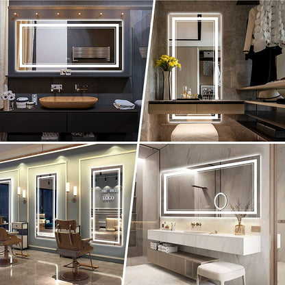 Miroir de salle de bain mural en verre trempé antibuée avec éclairage LED avant et arrière, pleine grandeur