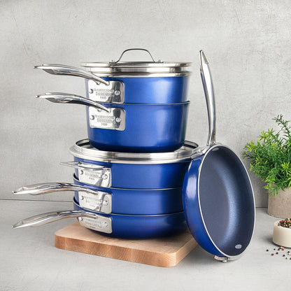 Batterie de cuisine antiadhésive Granitestone Blue Stackmaster 15 pièces avec couvercles en verre
