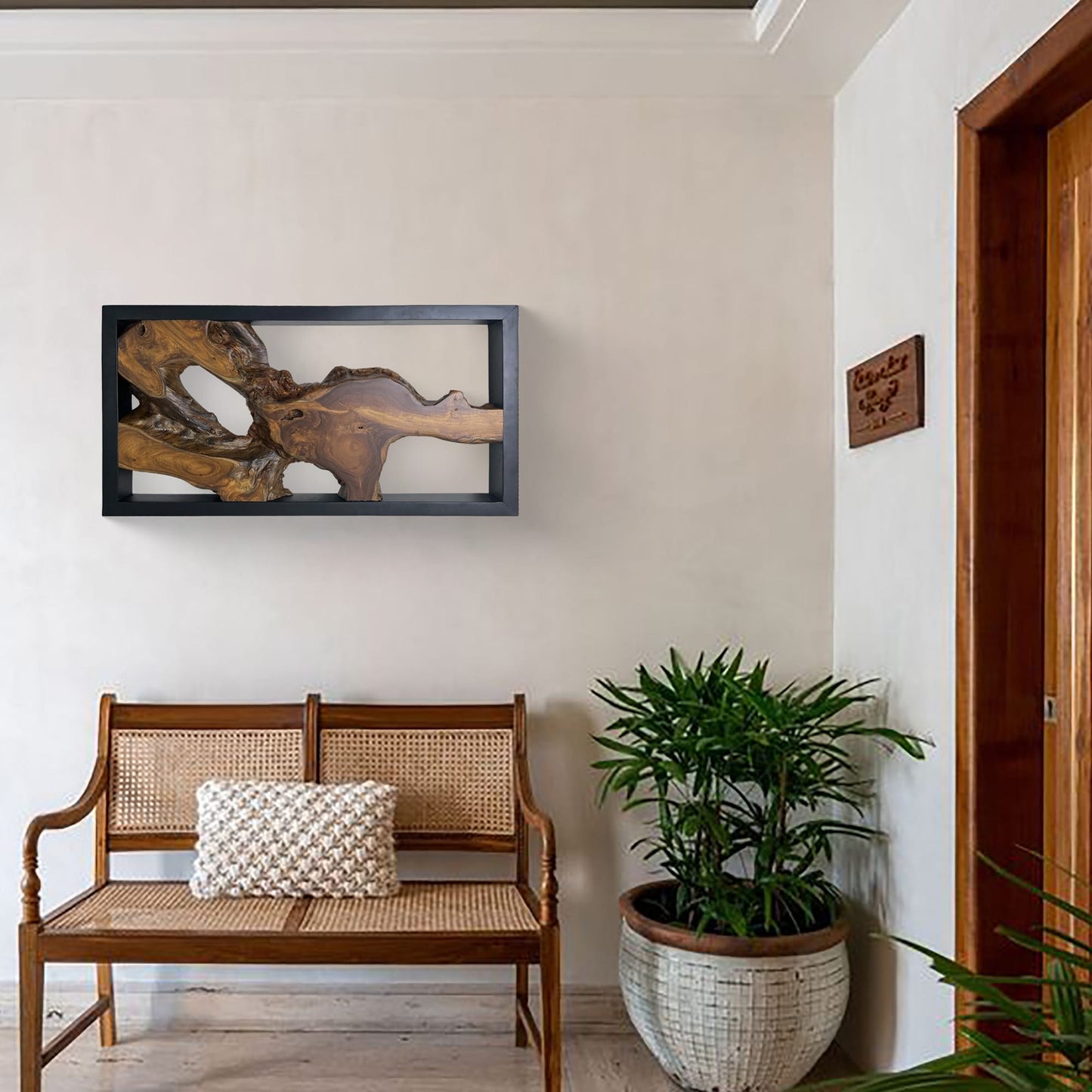 Décoration murale en teck Greenage, sculpture murale abstraite à bord naturel