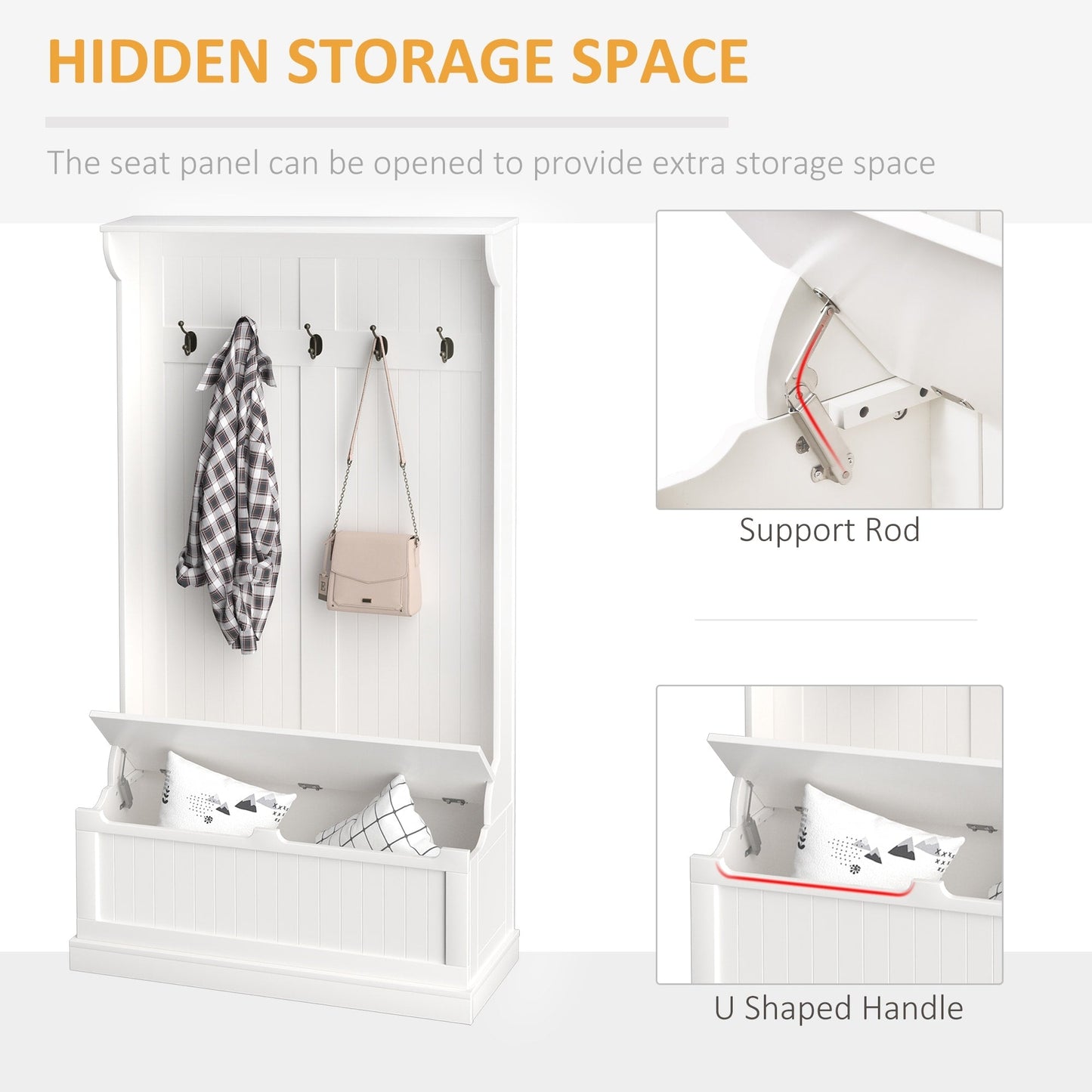 Banc de rangement et porte-manteau 3 en 1 HOMCOM 71 avec 5 crochets doubles en acier et ancrage anti-basculement pour l'entrée