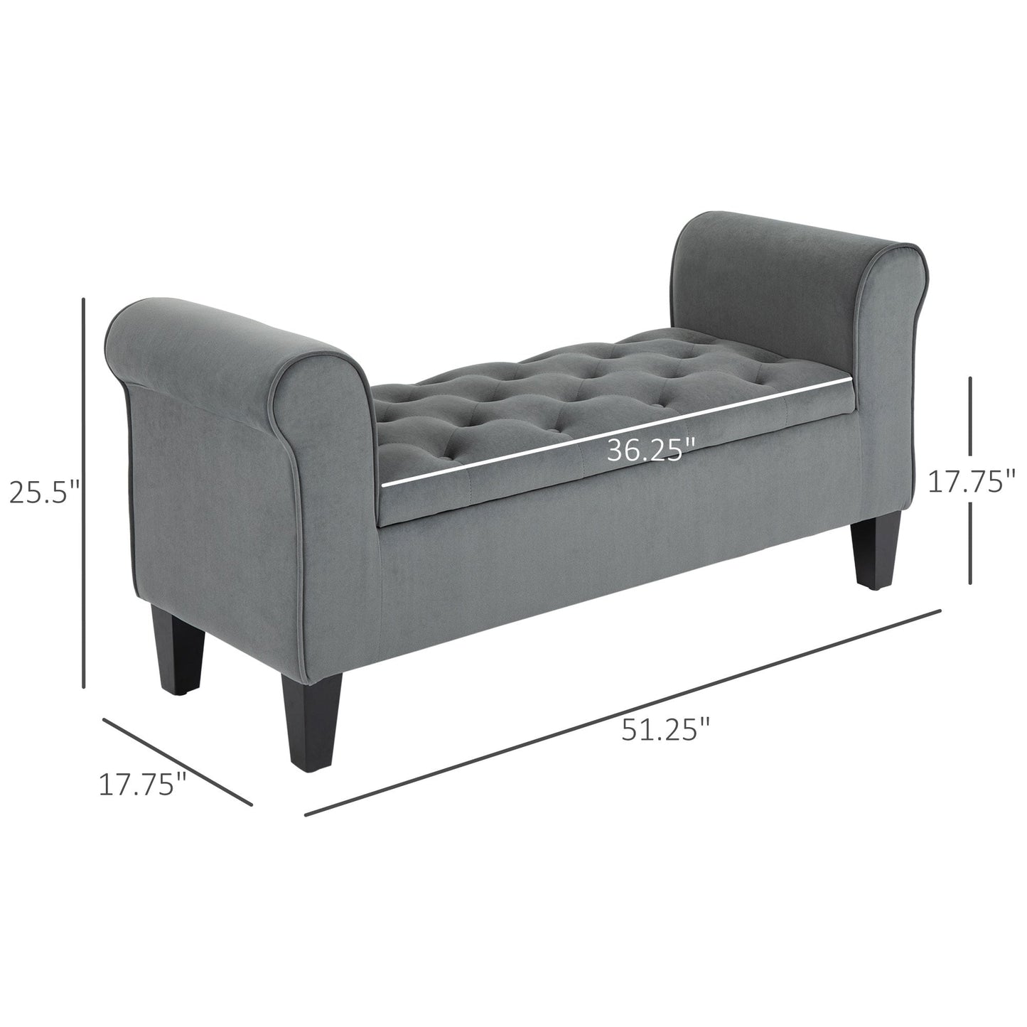 Banc ottoman de rangement capitonné HOMCOM, banc de lit rembourré avec accoudoirs roulés pour chambre, salon ou couloir