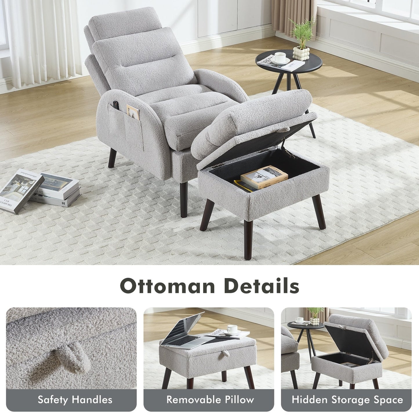 Fauteuil d'appoint HOMYKA avec dossier réglable et pouf de rangement