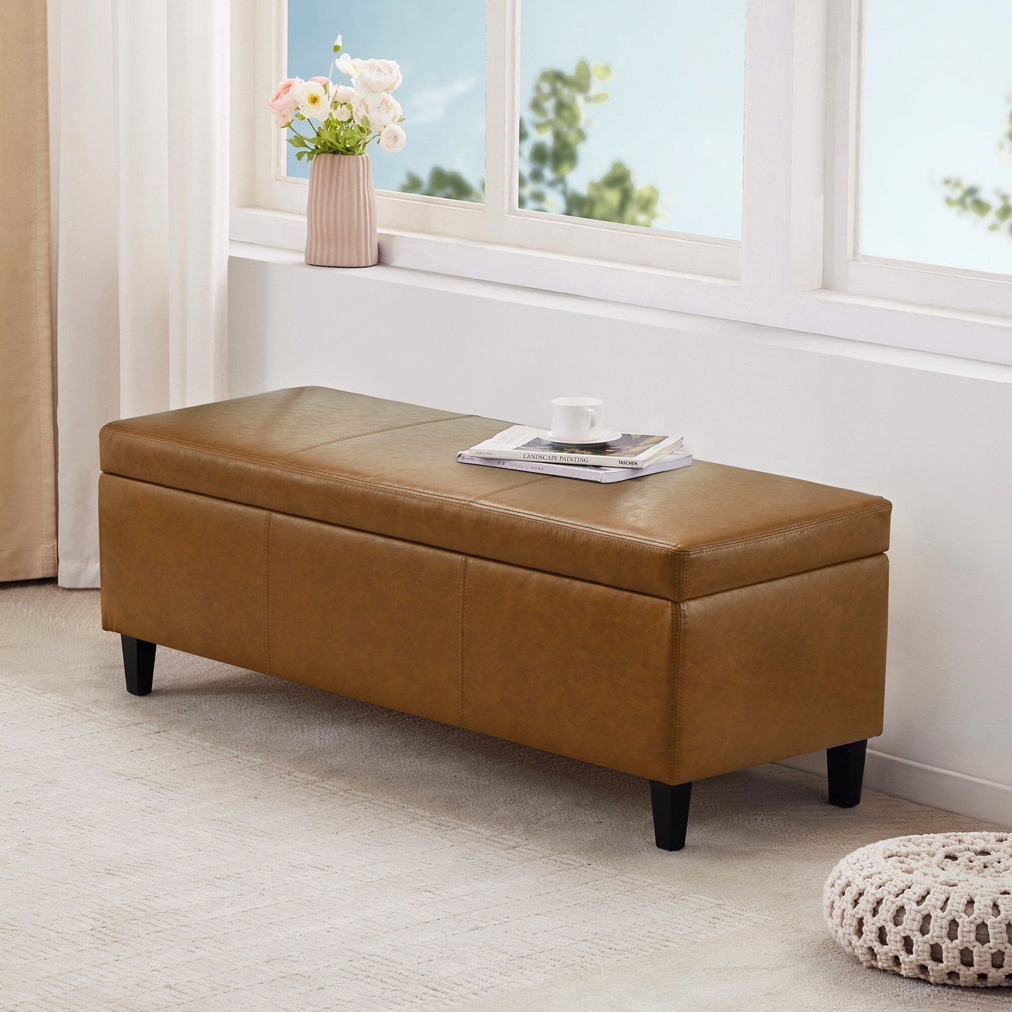 Pouf de rangement rectangulaire rembourré 50,3 x 17,50 x 18 po - Similicuir