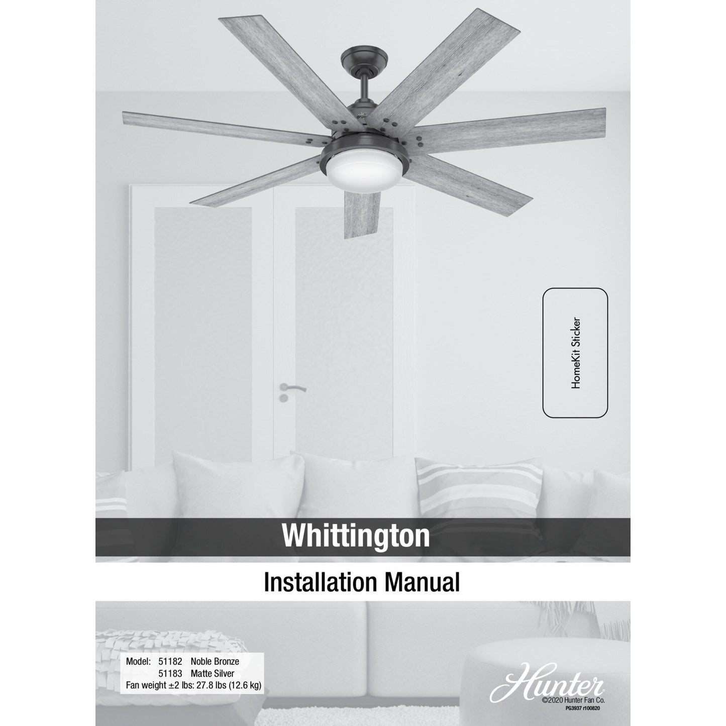 Ventilateur de plafond Hunter WiFi Whittington avec lumière LED, télécommande portable - Moulin à vent - Industriel, Ferme, Rustique - VENTILATEUR INTELLIGENT !