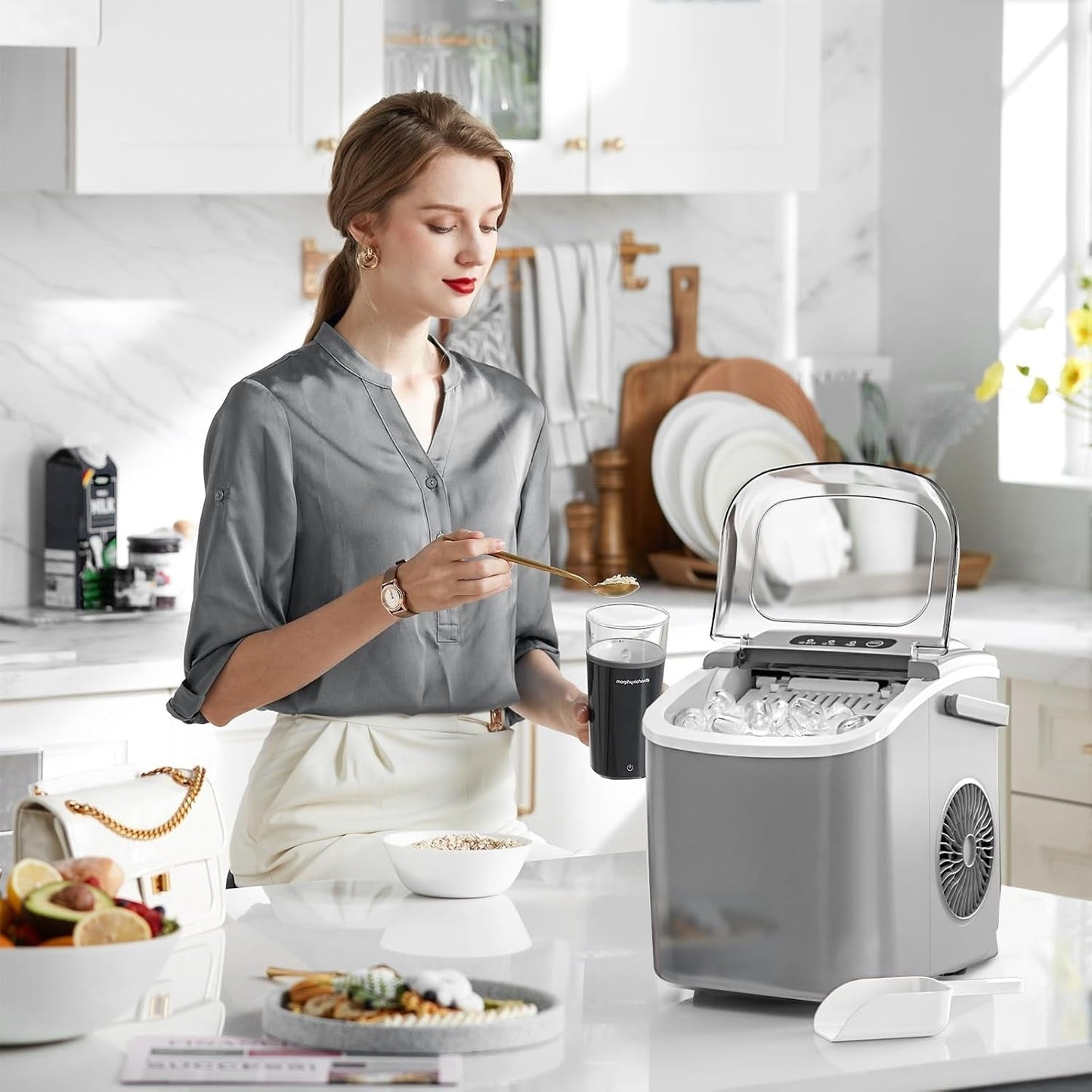 Machine à glaçons de comptoir, machine à glaçons portable avec poignée, machine à glaçons autonettoyante, pour la maison/le bureau/la cuisine