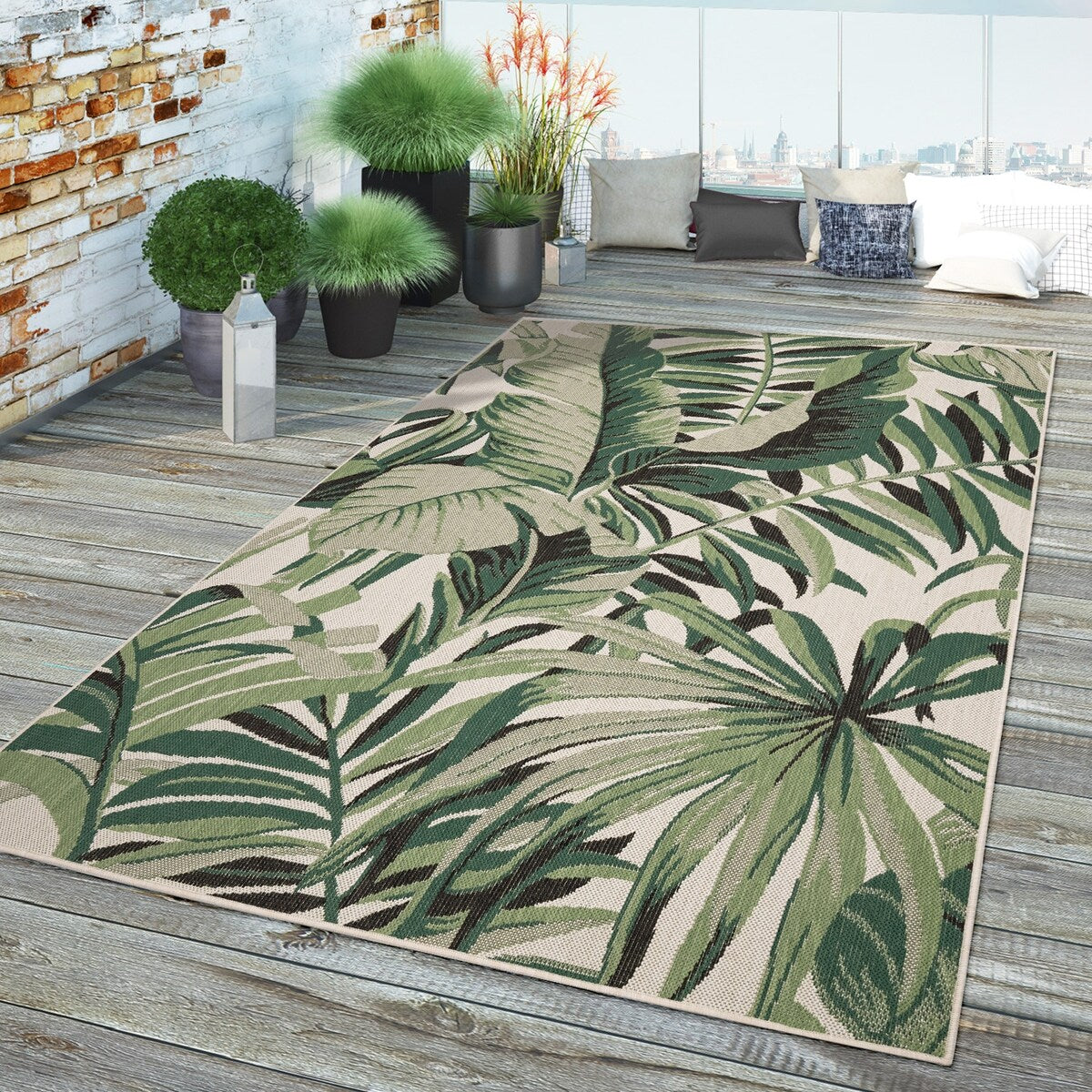 Tapis d'intérieur et d'extérieur à motif de feuilles de palmier tropicales pour terrasse, coloris vert et beige