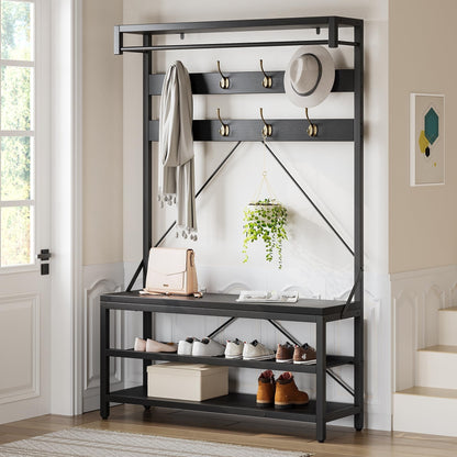 Porte-manteau industriel avec banc à chaussures intégré, meuble d'entrée 3 en 1