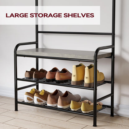 Porte-manteau industriel avec banc à chaussures intégré, meuble d'entrée 3 en 1