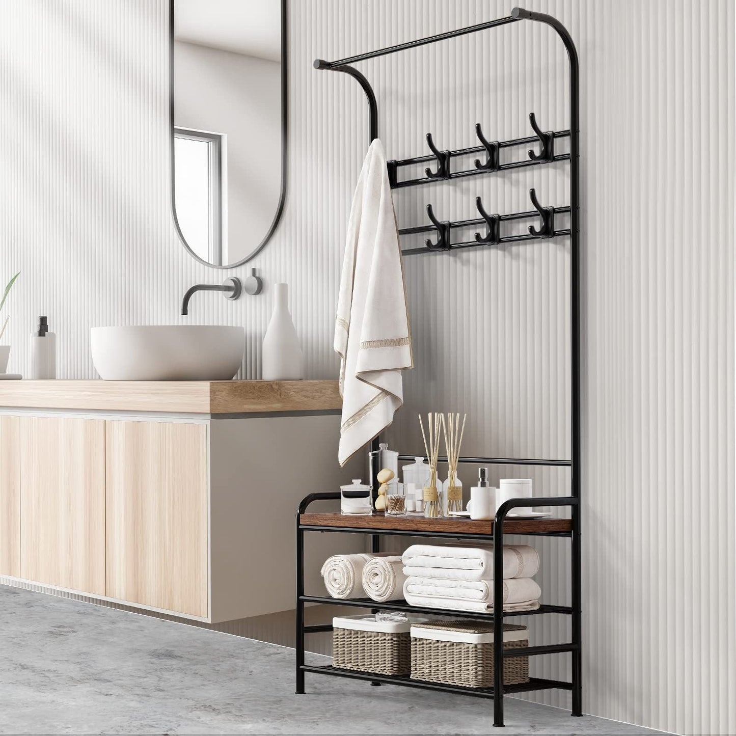 Porte-manteau industriel avec banc à chaussures intégré, meuble d'entrée 3 en 1