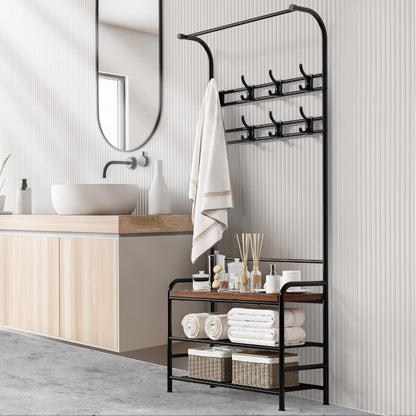 Porte-manteau industriel avec banc à chaussures intégré, meuble d'entrée 3 en 1