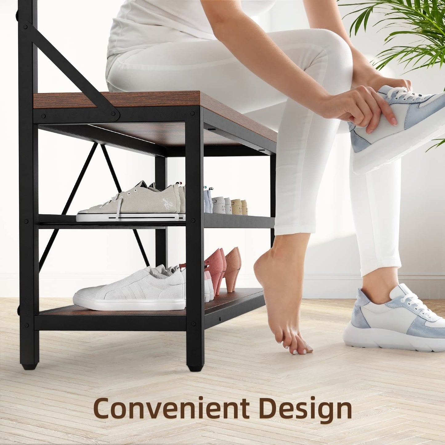 Porte-manteau industriel avec banc à chaussures intégré, meuble d'entrée 3 en 1