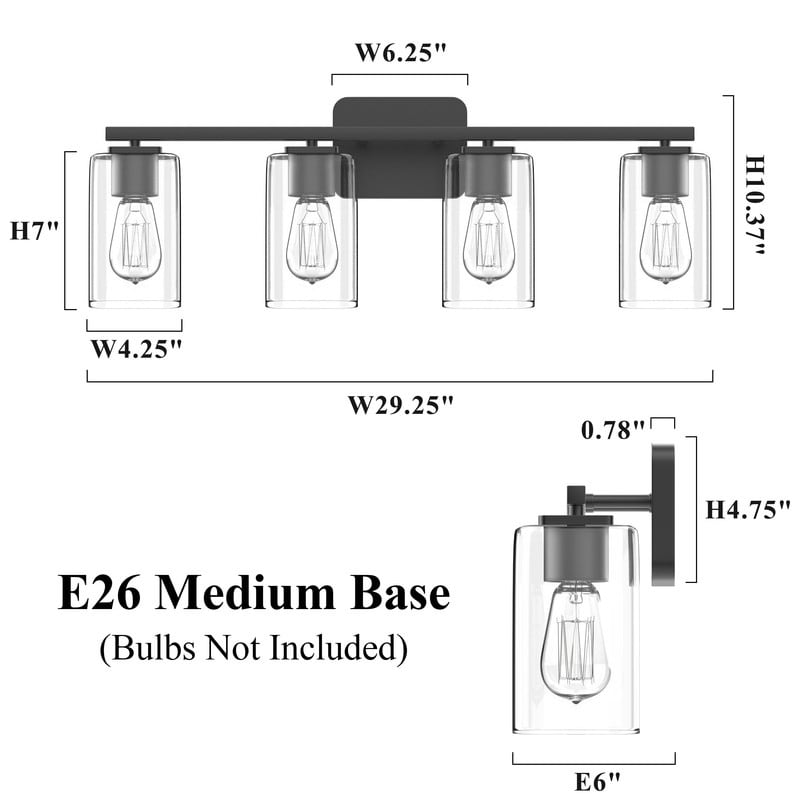Applique murale moderne KAWOTI de 74 cm (29 pouces) à 4 lumières avec abat-jour en verre transparent