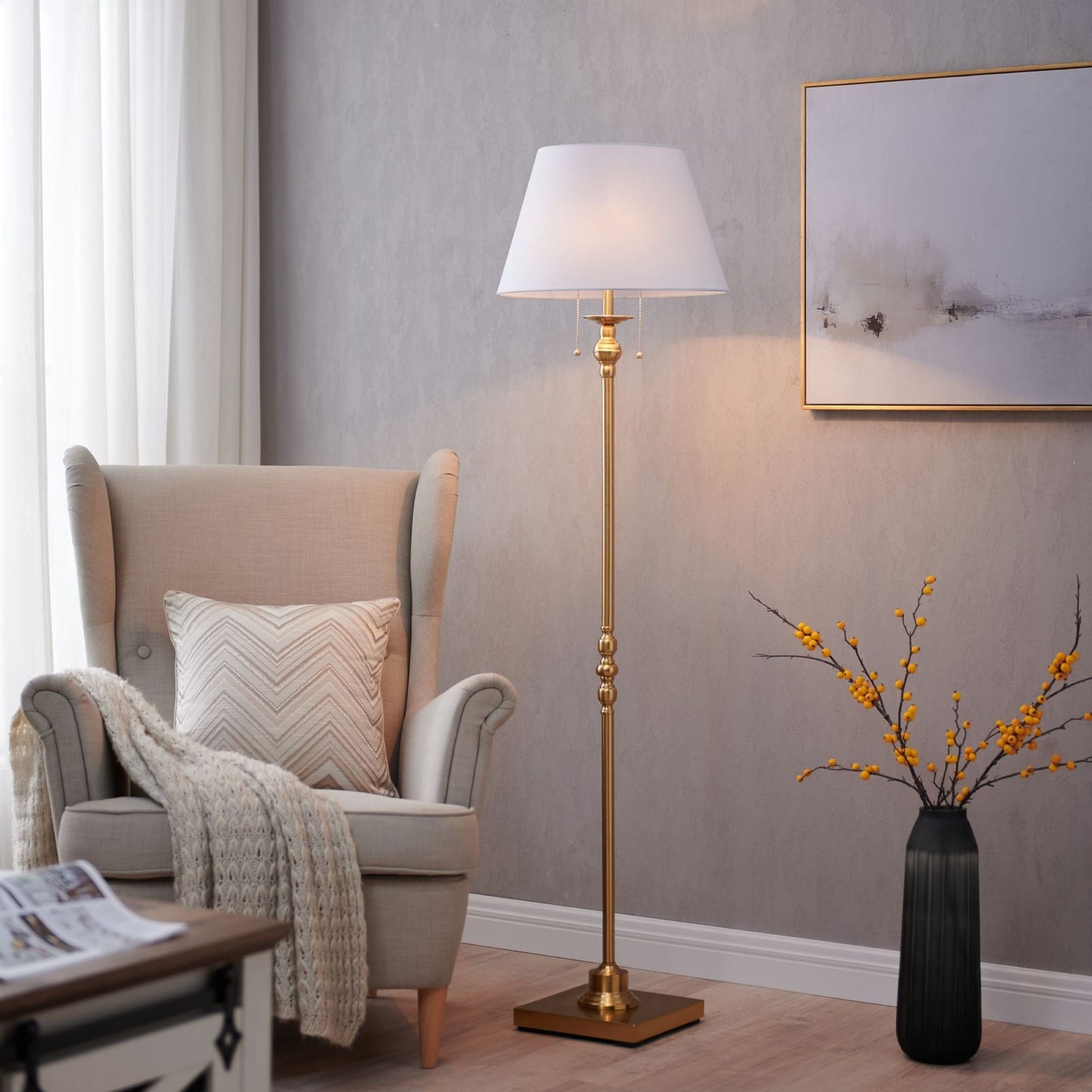 Lampadaire KAWOTI 60,5'' à 2 lumières avec abat-jour en tissu Empire