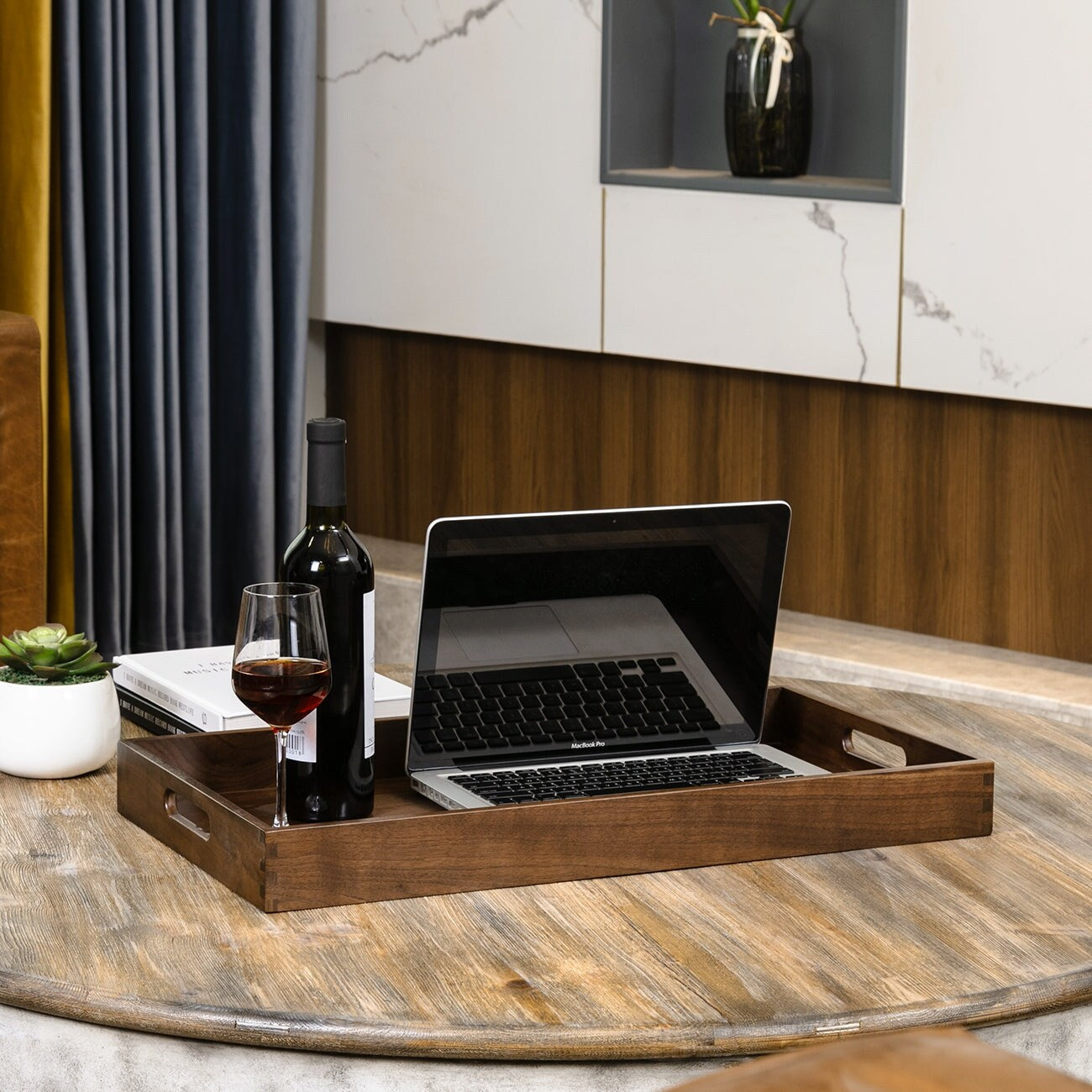 Plateau de service rectangulaire KINWELL en bois de noyer noir, style ottoman