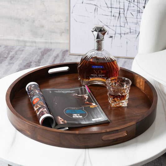 Plateau de service rond KINWELL en bois de noyer noir, style ottoman, avec poignées