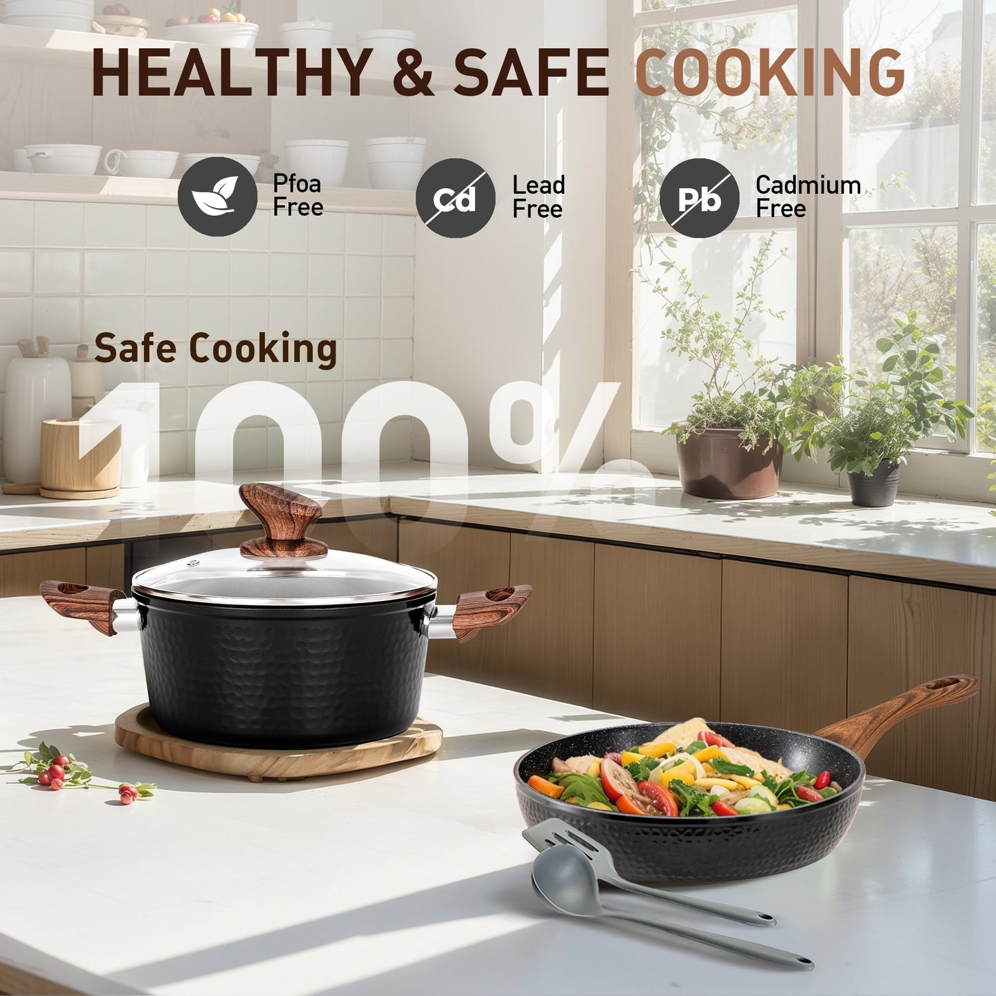 Batterie de cuisine antiadhésive de 15 pièces avec revêtement en granit Kitchen Academy