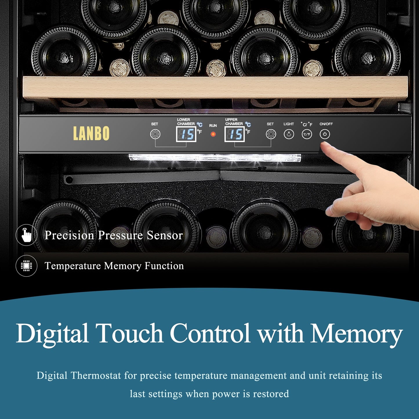 Réfrigérateur à vin autonome Lanbo 20 pouces, 64 bouteilles, double zone, porte vitrée avec garniture en acier inoxydable et deux serrures de sécurité.