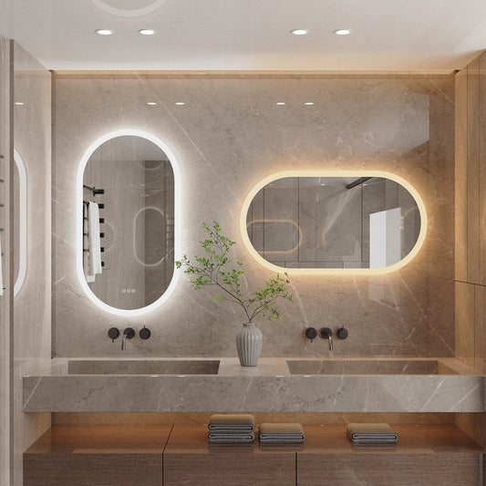 Grand miroir de salle de bain ovale sans cadre avec éclairage LED, 3 niveaux de luminosité et traitement antibuée