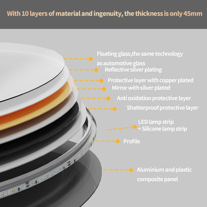 Grand miroir de salle de bain ovale sans cadre avec éclairage LED, 3 niveaux de luminosité et traitement antibuée
