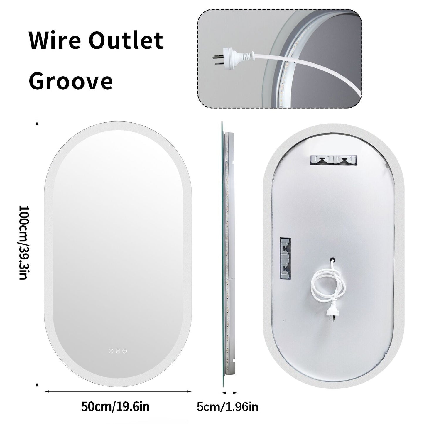 Grand miroir de salle de bain ovale sans cadre avec éclairage LED, 3 niveaux de luminosité et traitement antibuée