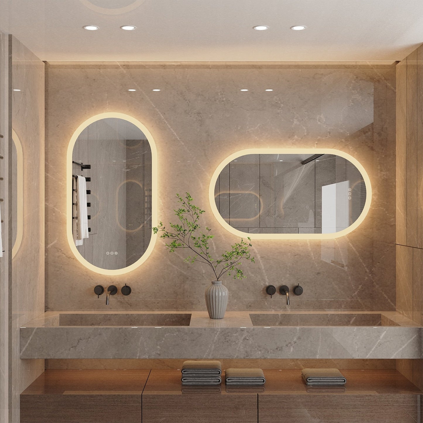 Grand miroir de salle de bain ovale sans cadre avec éclairage LED, 3 niveaux de luminosité et traitement antibuée